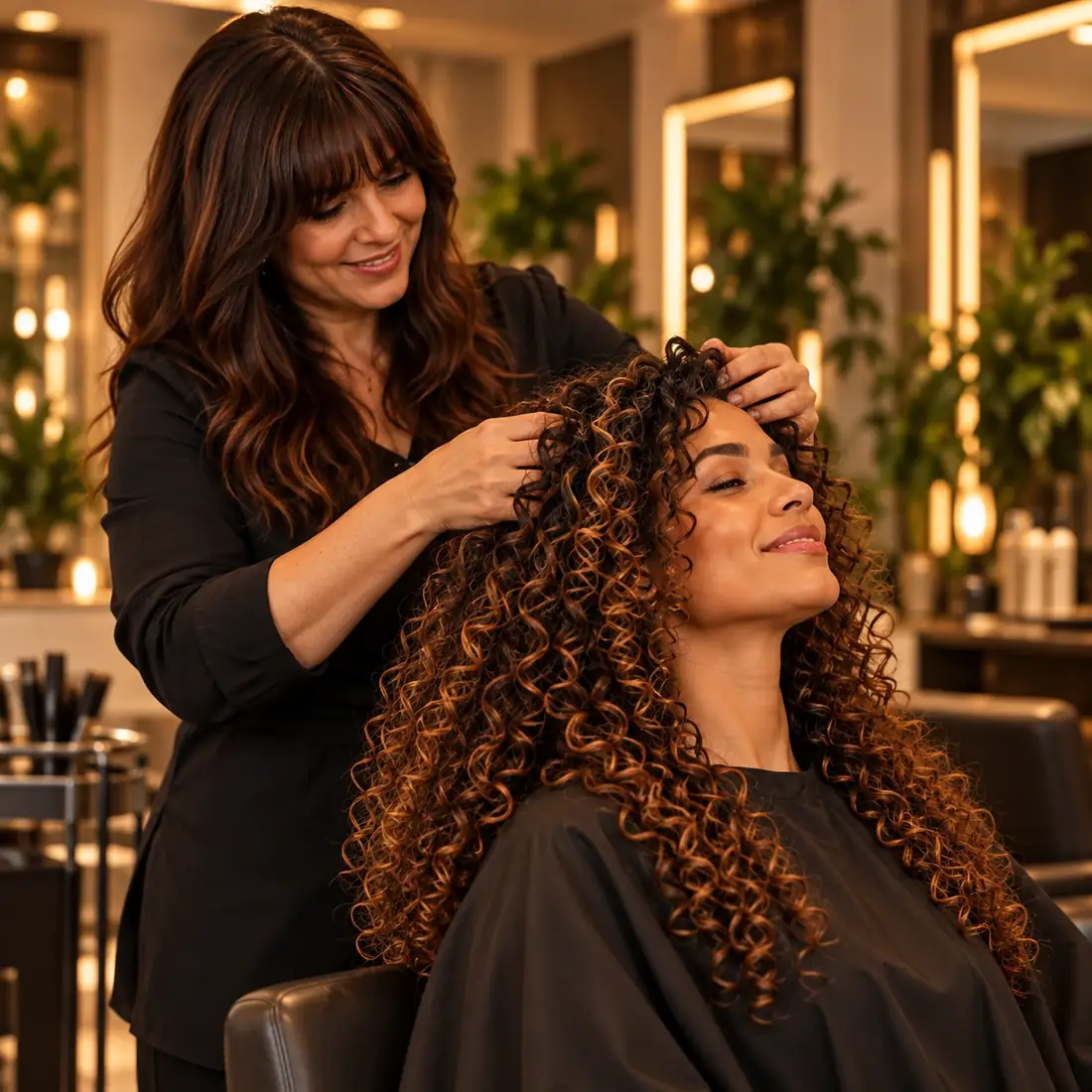 Especialista realizando atendimento em cabelo cacheado no Studio Mônica Paiva